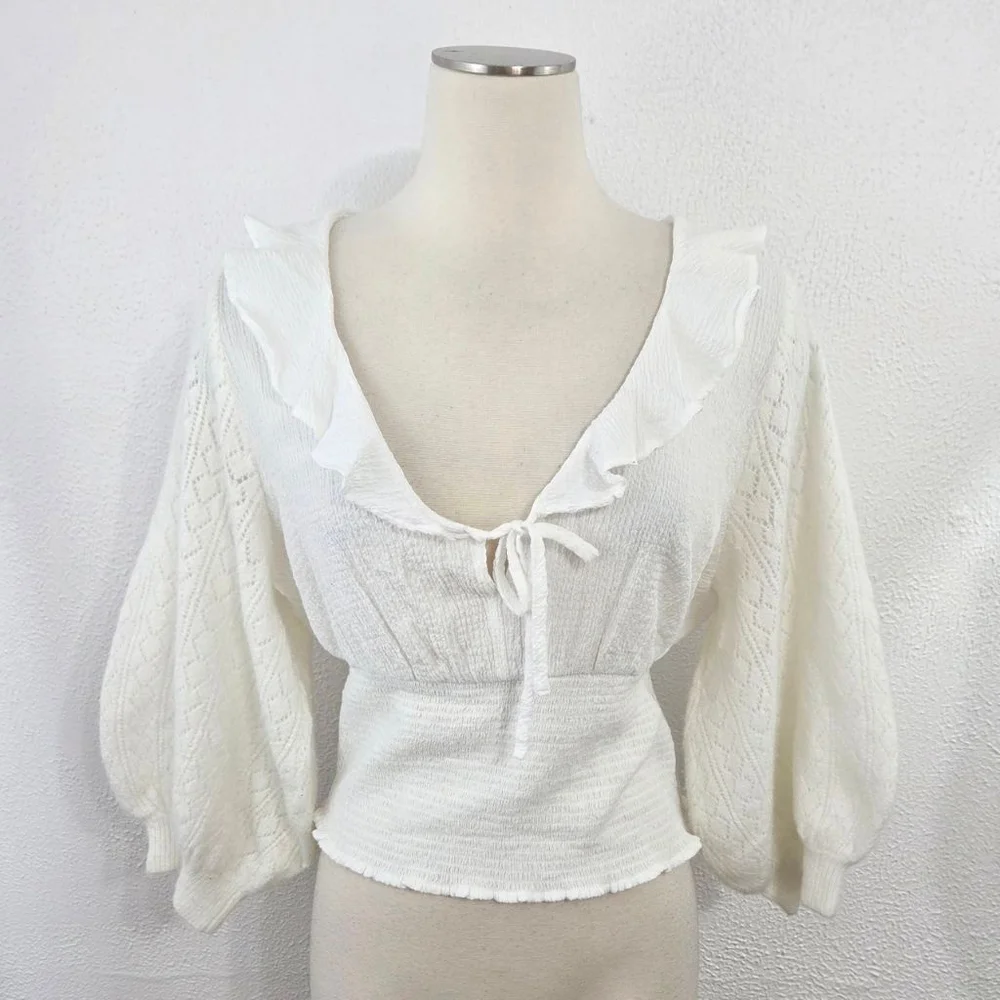 Free People Billie Sweater Top ivory white ruffle smocked peasant women's medium